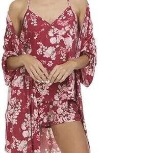 Flora Nikrooz Jacqueline Travel Set Sz L Brick Floral 3 Pc Robe Cami Shorts NEW